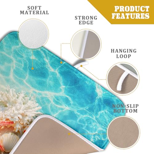 Coastal Starfish Dish Drying Mat 16"x18" Ocean Blue Sea Coral Seashell Dish Drainer Mats Nautical Beach Themed Decorative Reversible Dish Drying Pad for Kitchen Countertop Dining Room (18" x 16")