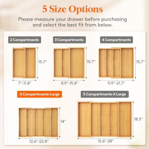 Bamboo Utensil Organizer for Kitchen Drawer (Natural / 12.6~22.8''W x 14'' D)