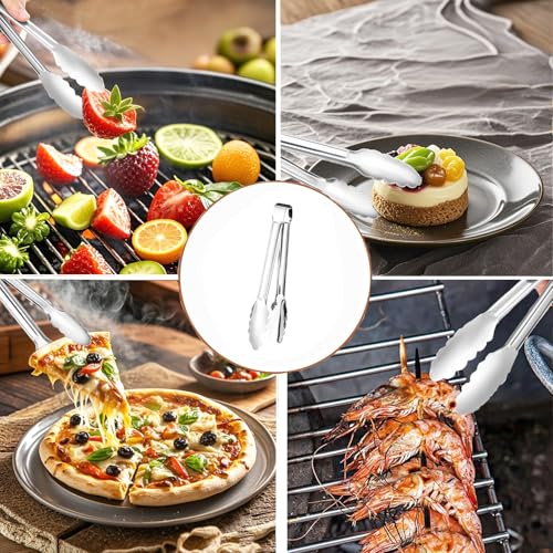 6pcs Stainless Steel Serving Tongs Gold or Silver Plated 9inch Heavy Duty Durable BBQ Clamps Design for Weddings Parties Banquets Buffets Family Gatherings Kitchen Cooking Serving Clip (Silver)