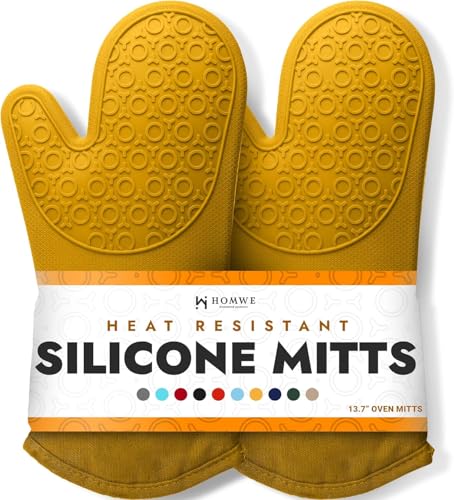 BPA Free Soft Silicone Oven Mitts (Yellow / 2-Piece 13.7" Oven Mitts)