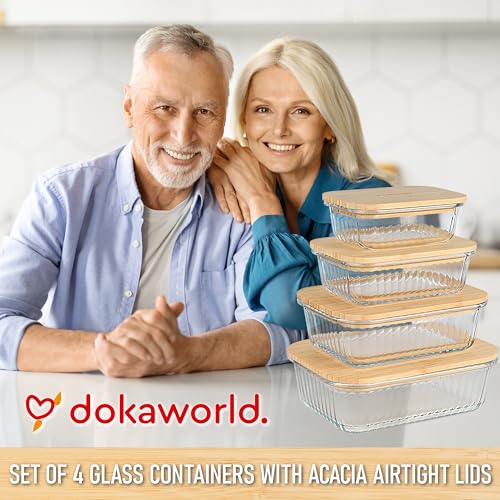 Ribbed Glass 4 Stackable Meal Prep Containers with Bamboo Lids (Light Beige)