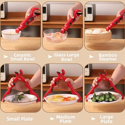 3-in-1 Hot Plate Gripper Tongs,Multi-Angle Hot Plate Gripper, Silicone Non-slip Hot Dish Plate Holder,Microwave Oven Cooking,Kitchen Utensil for Bowls,Pans,Dishes (2PCcrose red)