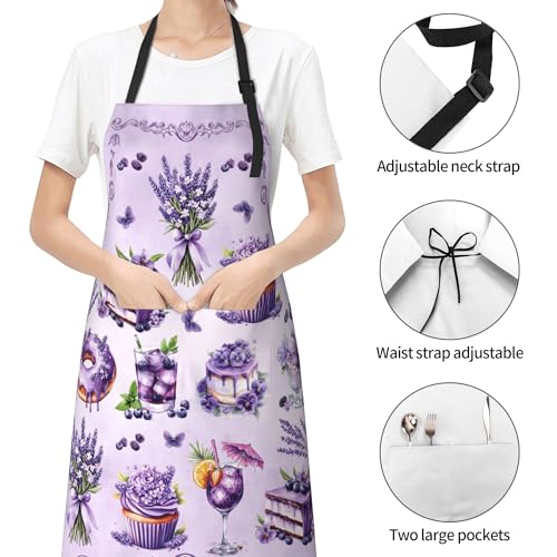 Purple Cake Baking Apron Adjustable Chef Apron with Pocket for Women (33" x 28"(Pack of 1) / Sweet Cake Purple)