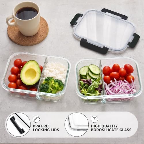 8 Pack 2 Compartment 36oz Borosilicate Glass Meal Prep Containers with Lids (Black / 8 Pack 2 Compartment)