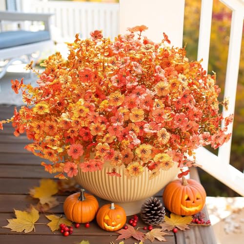 Artificial Fall Flowers Faux Mums for Outdoor Indoor Garden Home Decoration (F Orangeyellow)