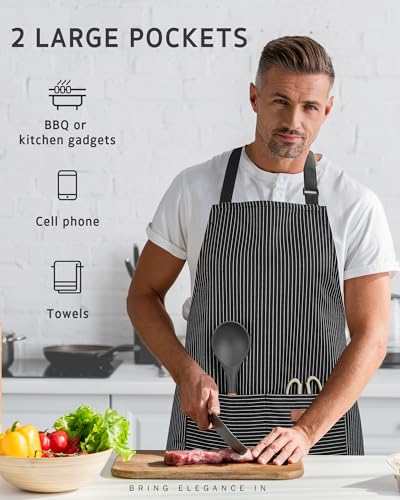 Chef Apron for Men Women with Pockets (Black/White)