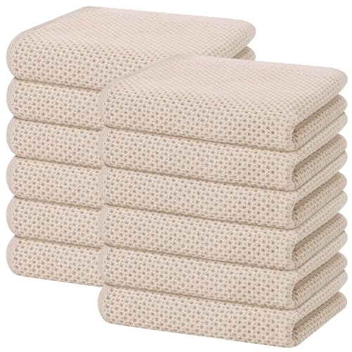 100% Cotton Waffle Weave Kitchen Dish Towels 12 (Beige / 13 X 28 - 12 Pack)