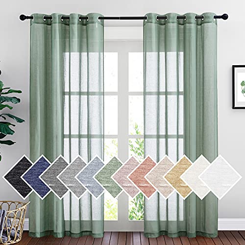Linen Sheer Curtains Flax Textured for Living Room (52"W x 84"L (Pack of 2) / Olive Green)