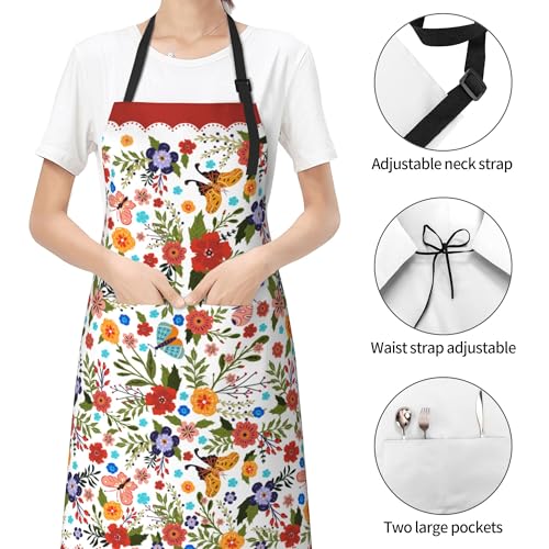 Flowers Kitchen Apron for Women Red Floral Adjustable Cooking Apron (33" x 28"(Pack of 1) / Spring Flowers Red)