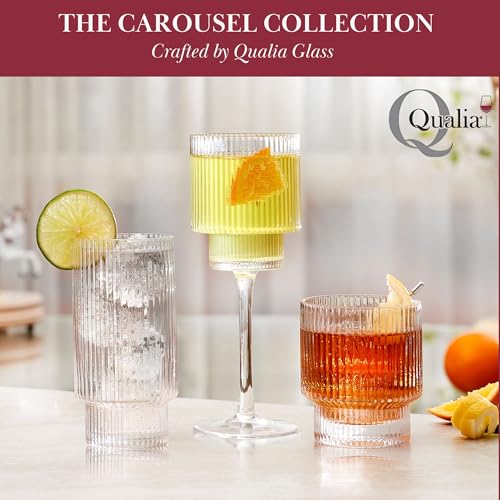 Qualia Carousel Highball Glasses Set of 4 Ribbed Glass Cups 18 oz Fluted Cocktail Glasses Lead (Clear)