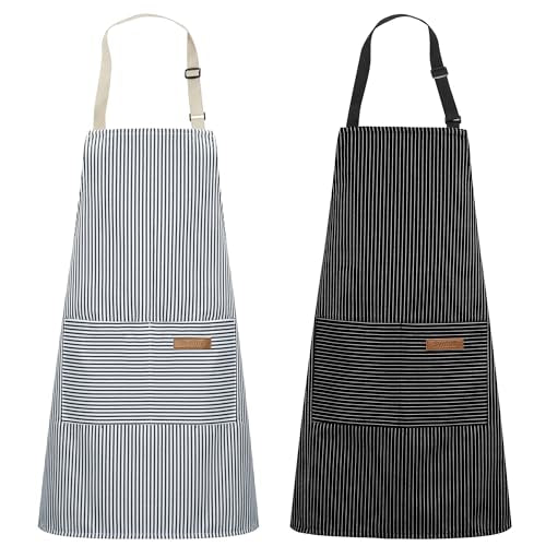 2 Pack Kitchen Apron with 2 Pockets for Women (Stripe Black Blue Pin / 2 Polycotton)