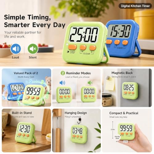 2 Pack Digital Timer for Kids Classroom Kitchen Timers for Cooking (2 * Green+ Sky Blue ( 95%+select for Kids ))