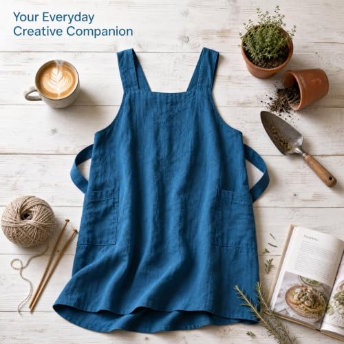 Cross Back Linen Cotton Apron with Pockets (Large / Denim Blue)