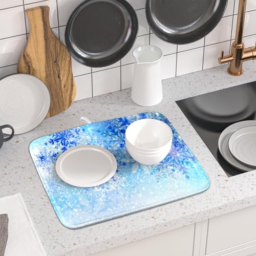 16"x18" Winter Blue Snowflakes Dish Drying Mat Christmas Snow Falling Nature Ice Dish Drainer Mats for Kitchen Microfiber Reversible Dish Drying Rack Pad for Countertop Tabletop Decor (18" x 16")