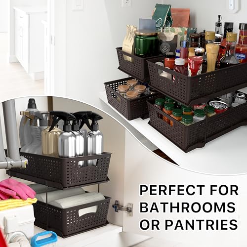 2 Tier Pull Out Sliding Drawer Under Sink Storage (Brown)