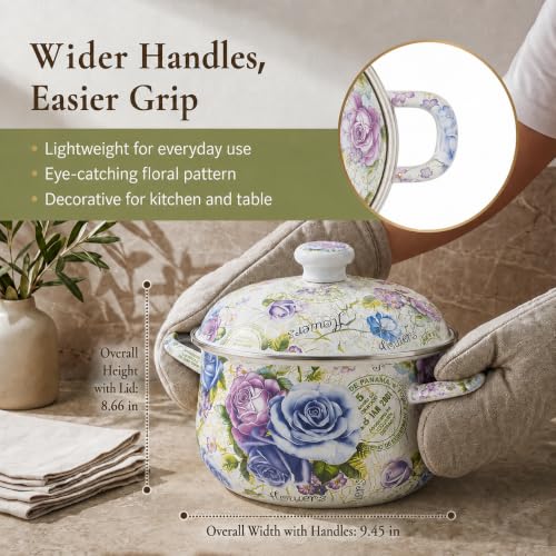 4.5 Quart Enamel Stock Pot with Lid (Multi Rose-4.5 QT)