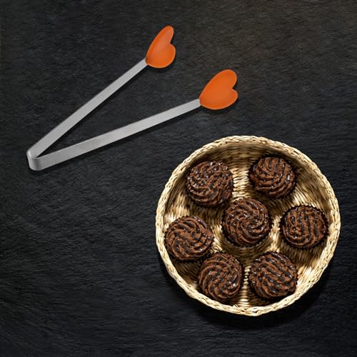 Mini Food Tongs 5.3" Heart Shape Stainless Steel with Silicon Tips Small Cooking Tongs Kitchen Food Tongs Serving Tongs for Cooking Grilling BBQ Barbecue Kitchen (Orange)