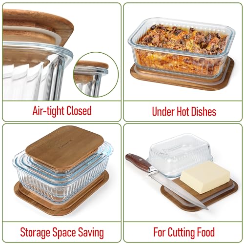 Ribbed Glass 4 Stackable Meal Prep Containers with Acacia Lids (Charcoal Brown)