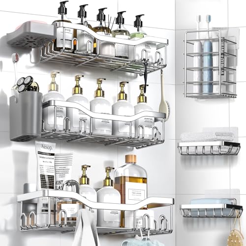 Shower Caddy Adhesive Shower Organizer 8 (Silver / 8-Piece Set)
