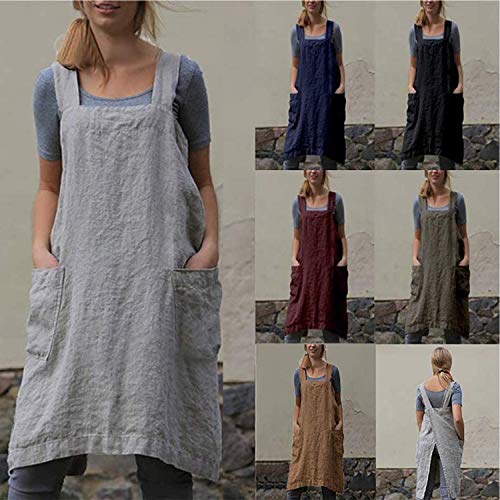 Cotton Linen Apron for women Cross Back Apron Pinafore Dress for Baking Cooking Gardening Work (Dark Blue / X-Large)