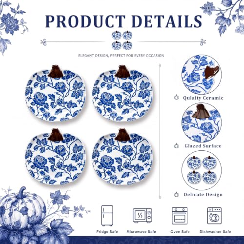 4 Pcs Chinoiserie Blue and White Fall Pumpkin Ceramic Plate 8.6" Decor (Blue Floral)