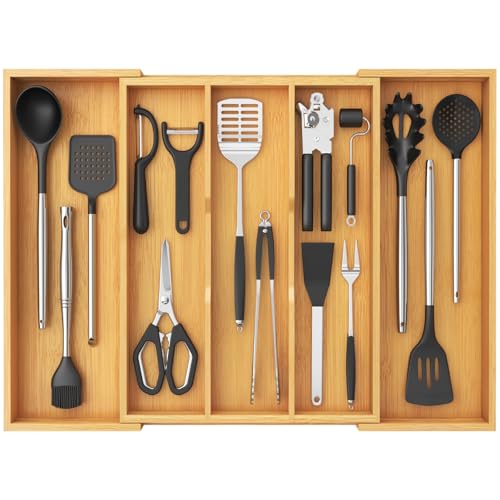 Bamboo Utensil Organizer for Kitchen Drawer (Natural / 15.6~28''W x 18.5'' D)