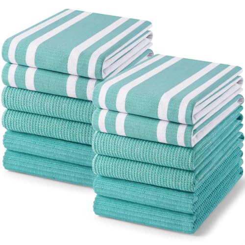 Cotton 380 GSM Premium Kitchen Towels (Teal / 18" X 28" - 12 Pack)