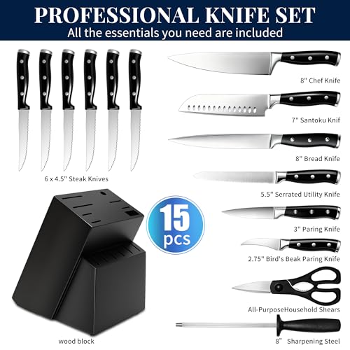 Knife Set 15 Piece Premium Kitchen Knife Block Set (Black)