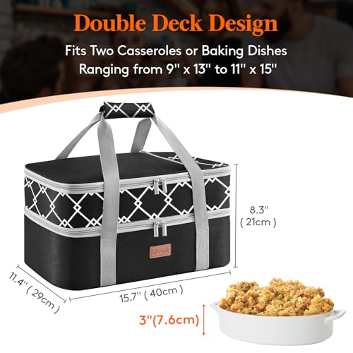 Insulated Double Decker Casserole Carrier (Black / 15.7 x 11.4 x 8.3inch)
