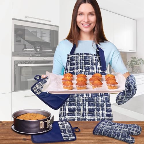 Oven Mitts and Pot Holders with Chef Apron (Navy)
