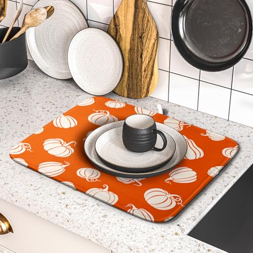 Fall Dish Drying Mat for Kitchen Counter Autumn White Pumpkins Festival Microfiber Absorbent Dish Draining Reusable Washable Foldable 16"x18" (18" x 16")