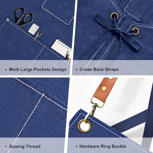 Chef Apron for Men Women Canvas Aprons with 3 Pockets Cross Back Resistant Work Apron for Cooking Grilling Baking BBQ Barber Kitchen (Dark Blue)