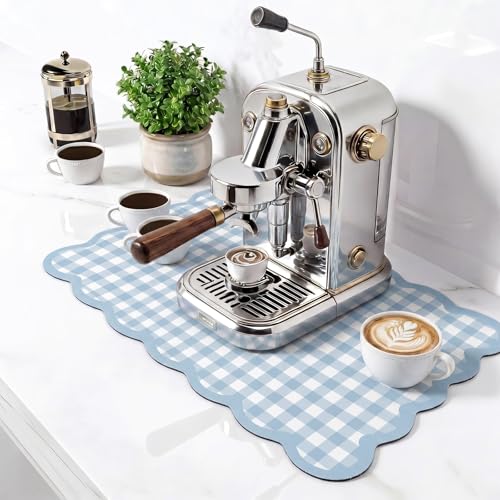 Blue Gray Scalloped Gingham Coffee Mat 12" x 20" (Light Blue / Gingham)