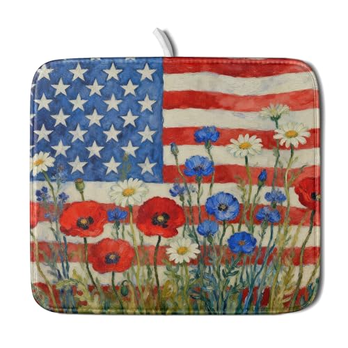 Patriotic American Flag Dish Drying Mat for Kitchen Counter 16x18 4th of July Red Blue White Floral Rustic Absorbent Reversible Microfiber Drying Mats Kitchen Countertop Protector Dishes Drainer Pad (16" x 18")