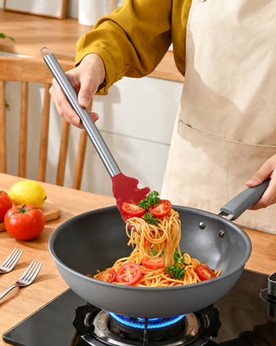Spaghetti Spoon and Pasta Tong with Teeth and Drain Holes (Red)