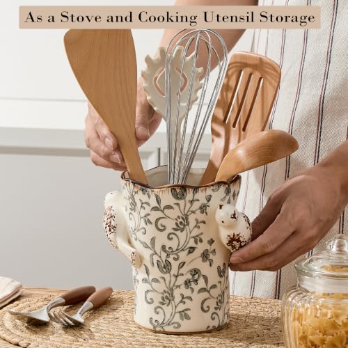 6.34'H Utensil Holder for Kitchen Counter (Gray Flower Patterns- 2 Birds)
