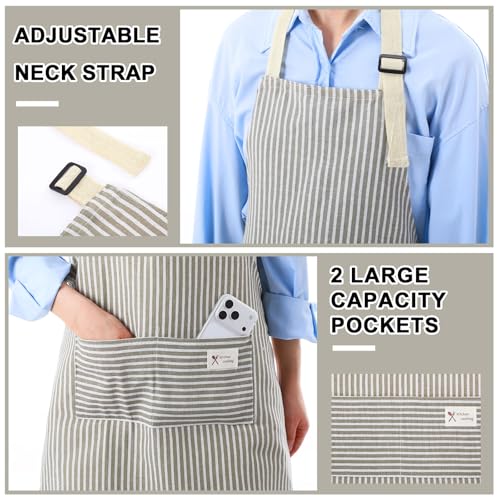 24 Pcs Aprons for Women Men with 2 Pockets Linen Cooking Kitchen Apron Adjustable Bib Chef Apron Bulk Aprons Unisex (Blue, Gray / Thin Stripes)