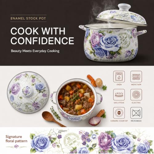 5 Qt Enamel Stock Pot with Lid (Blue Rose-5QT)