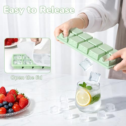Ice Cube Trays for Freezer with Lids (10Square & Heart-Matcha Green)