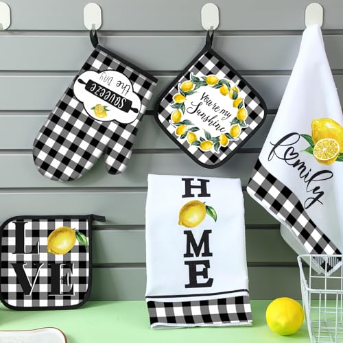 5 Pcs Buffalo Plaid Kitchen Towels Oven Mitts and Pot Holder Set (Lemon)