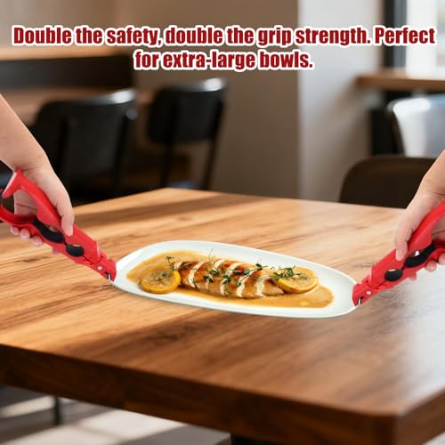 2pcs 3-in-1 Hot Plate Grippers, Premium Non-Slip Kitchen Anti-Scalding Clips High Temperature Resistant Kitchen Dish Tongs Holder for Bowl & Plate Lifter and Can Opening (Red)