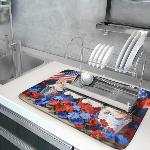 4th of July Drying Mat for Kitchen Counter 18 X 24 in Patriotic Printed Dish Drying Pad (Patriotic Cat Blue / 24" x 18")