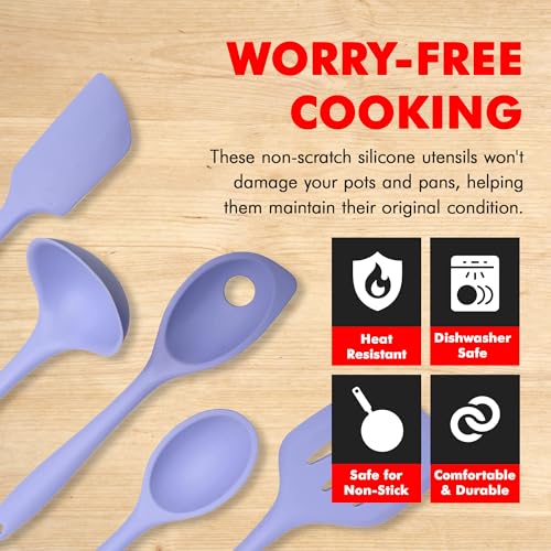 Premium Silicone Kitchen Tools and Utensils Set (5 Piece Set / Pastel Blue)