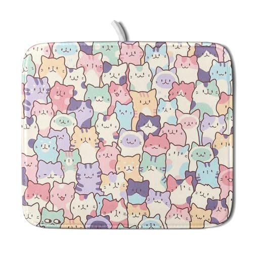 Colorful Cats Dish Drying Mat 16x18 inch Cute Animal Microfiber Reversible Fast Dry Dishes Drainer Rack Pad for Counter Kitchen Table Decor (Colorful Cats / 16" x 18")