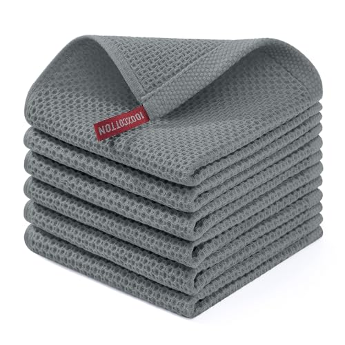 100% Cotton Waffle Weave Kitchen Dish Cloths 6 (Grey / 12 X 12 - 6 Pack)
