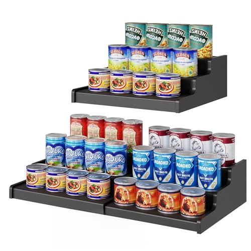3 Tier Expandable Bamboo Can Organizer for Pantry (12.4"-24"W × 10.8"D × 4.5"H / Black)