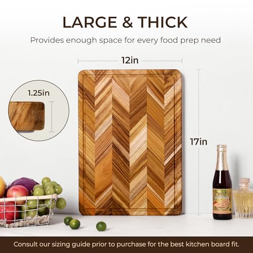 Teak Wood Cutting Board for Kitchen Large End Grain Heavy Duty Checkered Wooden Cutting Board Non Toxic Herringbone Charcuterie Butcher Block Non Slip Hardwood Chopping with Juice Groove Handle (17"L x 12"W x 1.25"H)