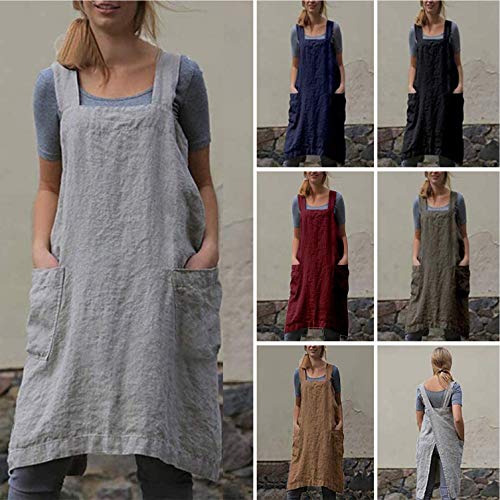 Cotton Linen Apron Cross Back Apron for Women with Pockets Pinafore Dress for Baking Cooking (Dark Blue / 3X-Large)