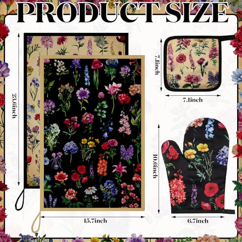 6 Pcs Vintage Flower Kitchen Towels Oven Mitts and Pot Holders (Cute Color / Vintage Wildflower)