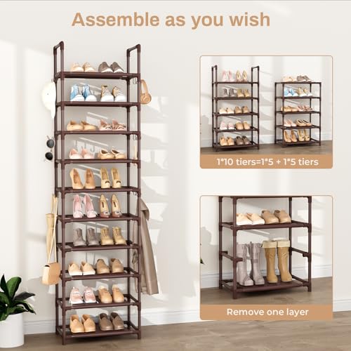 10 Tiers Tall Shoe Rack Holds 20 (Brown / 17" Wide - 10 Tier)